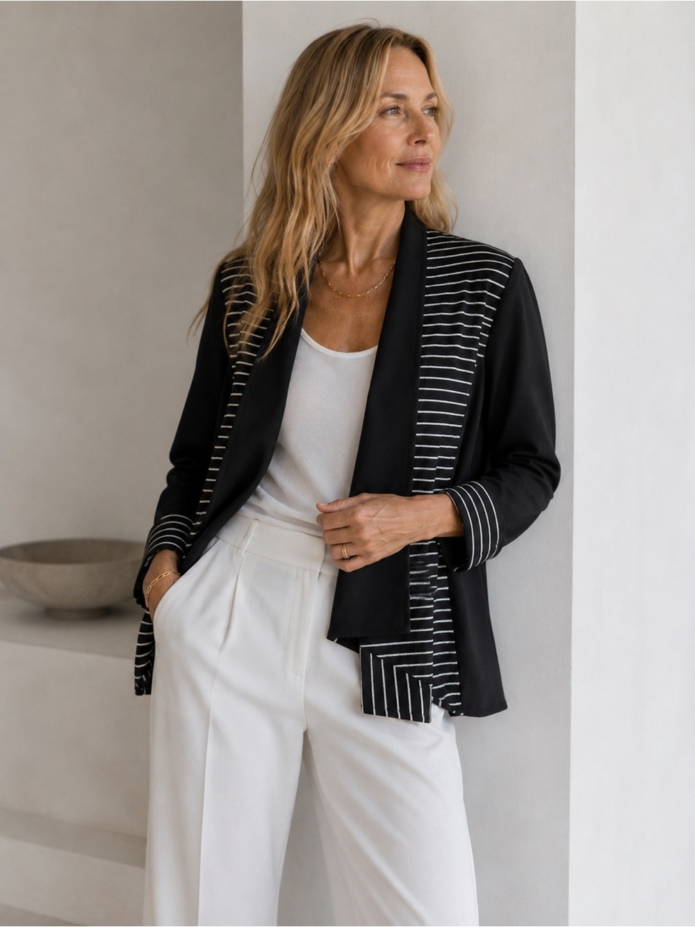 NEW Chico's Black & White Striped Open Front Knit Jacket Zipper Detail XL 16 NWT